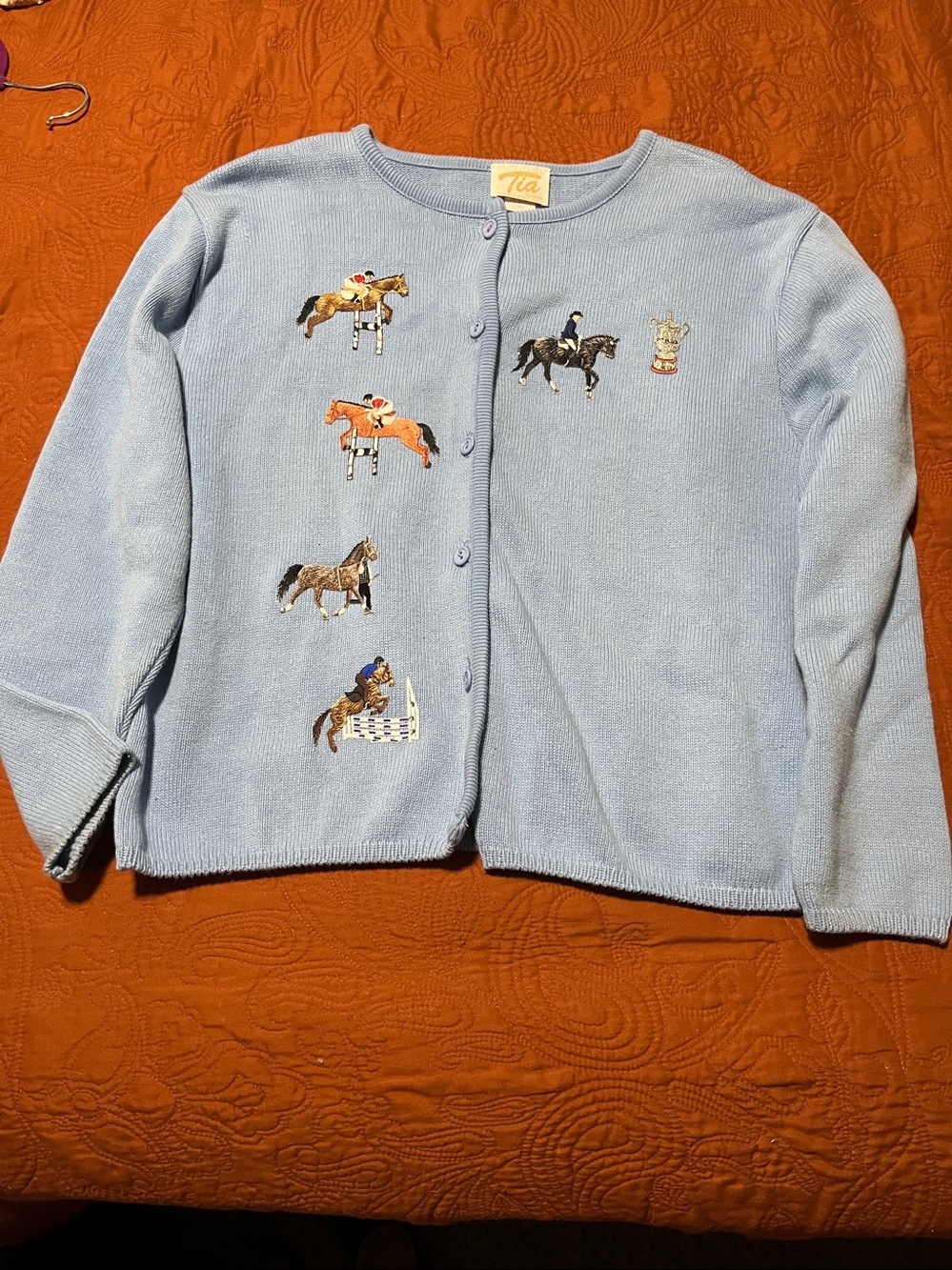 VINTAGE Light Blue Embroidered Equestrian Cardigan Sweater PERFECT